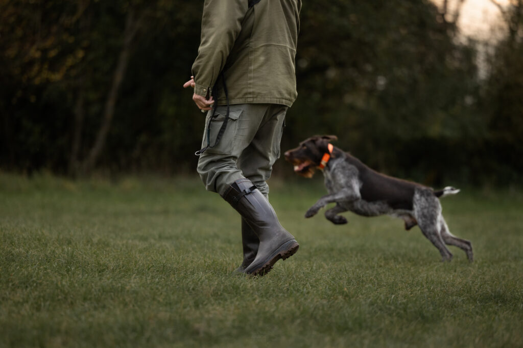 Ein Hundeführer mit seinem Hund bei der Quersuche