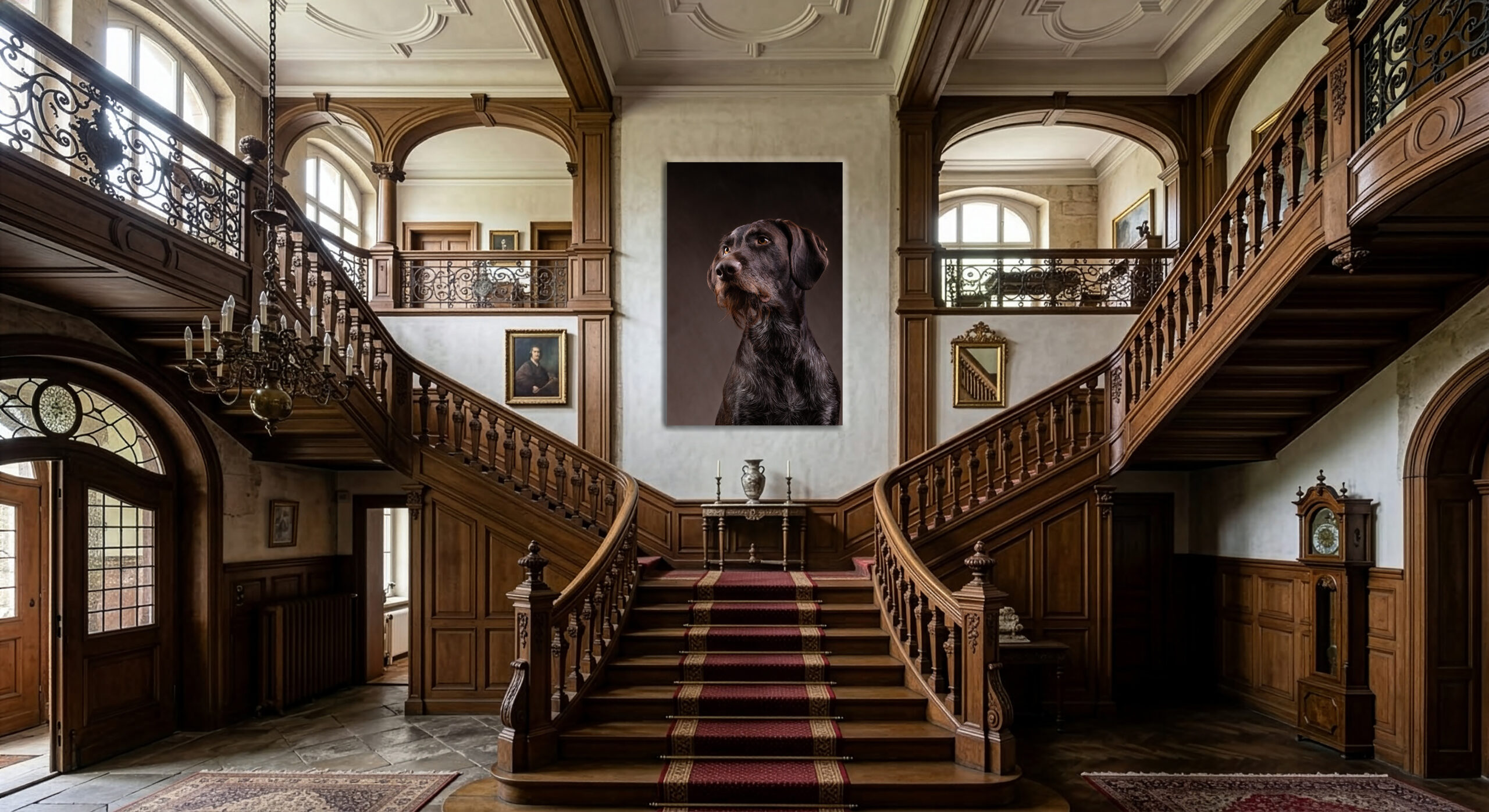 Bild eines Herrenhauses mit Treppenaufgang, in dem ein Portrait hängt